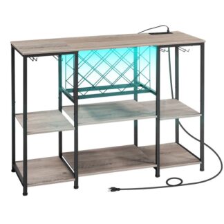 το ντουλάπι μπαρ κρασιού με λυχνίες LED και εξόδους ισχύος, τραπέζι κρασιού για ποτά και γυαλιά, ντουλάπι μπαρ με κρασί, για κουζίνα, τραπεζαρία, Greige και Black