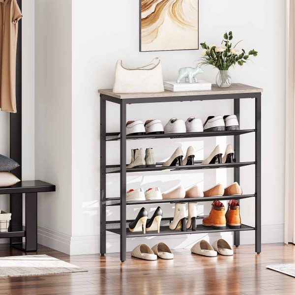 5-رف أحذية قائم بذاته, وحدة تخزين الأحذية بأرفف شبكية قابلة للتعديل, القدرة على 16-20 أزواج من الأحذية, معدن على الطراز الصناعي & منظم الأحذية الحبيبي, مناسبة للمدخل & خزانة, رمادي