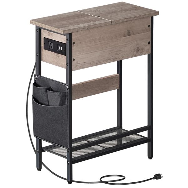Narrow End Table with Charging Station, Flip-Top Slim Side Table, Multi-Functional Bedside Nightstand with Storage, Suitable for Small Spaces, Living Room and Bedroom, Grey and Black