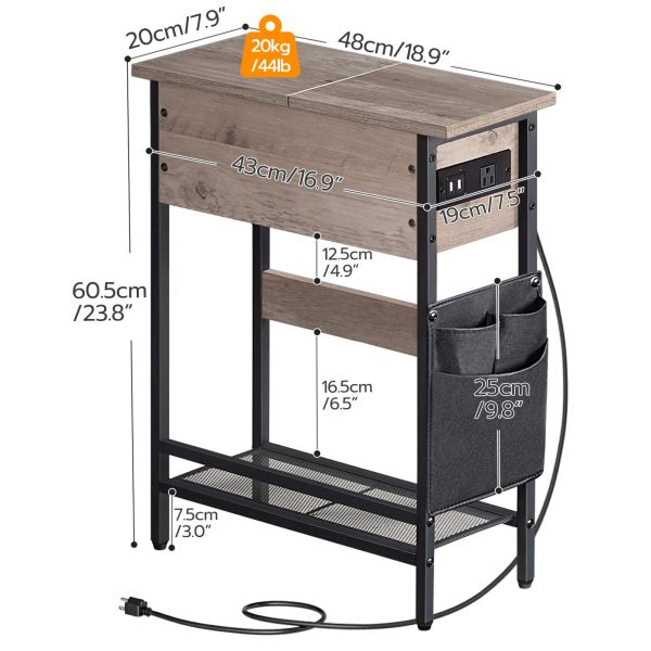 Narrow End Table with Charging Station, Flip-Top Slim Side Table, Multi-Functional Bedside Nightstand with Storage, Suitable for Small Spaces, Living Room and Bedroom, Grey and Black
