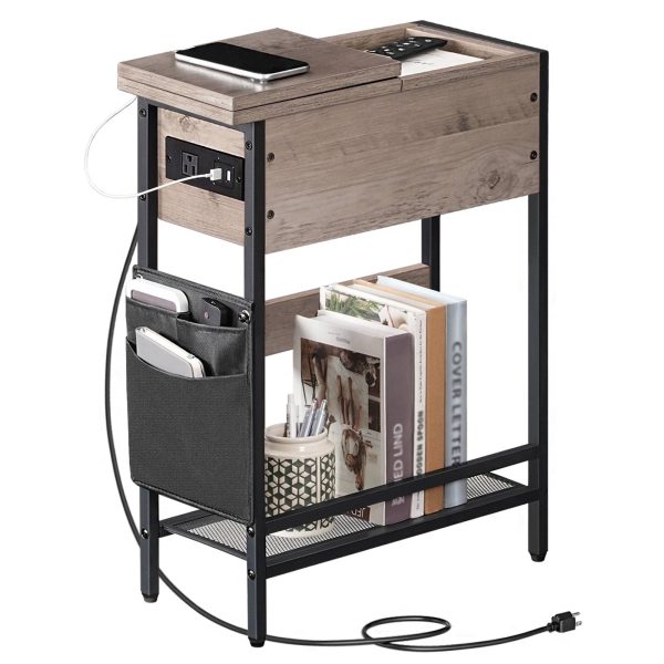Narrow End Table with Charging Station, Flip-Top Slim Side Table, Multi-Functional Bedside Nightstand with Storage, Suitable for Small Spaces, Living Room and Bedroom, Grey and Black