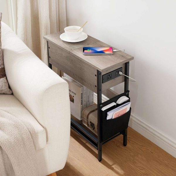 Narrow End Table with Charging Station, Flip-Top Slim Side Table, Multi-Functional Bedside Nightstand with Storage, Suitable for Small Spaces, Living Room and Bedroom, Grey and Black