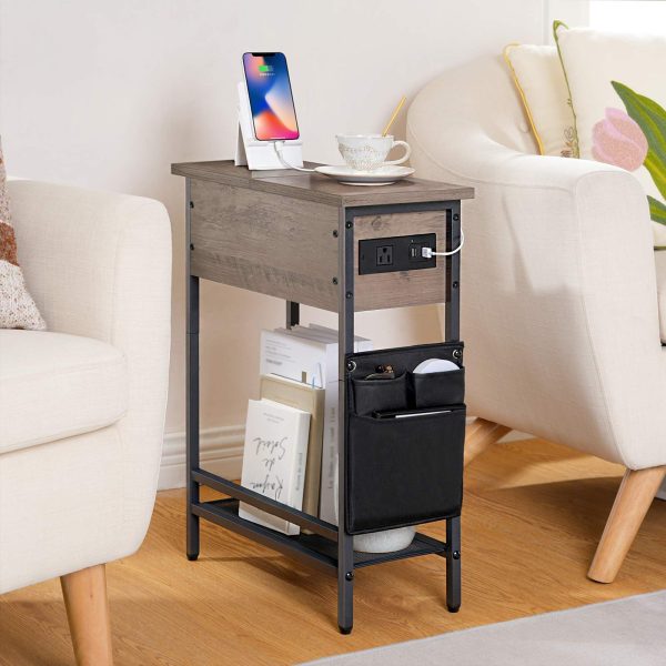 Narrow End Table with Charging Station, Flip-Top Slim Side Table, Multi-Functional Bedside Nightstand with Storage, Suitable for Small Spaces, Living Room and Bedroom, Grey and Black