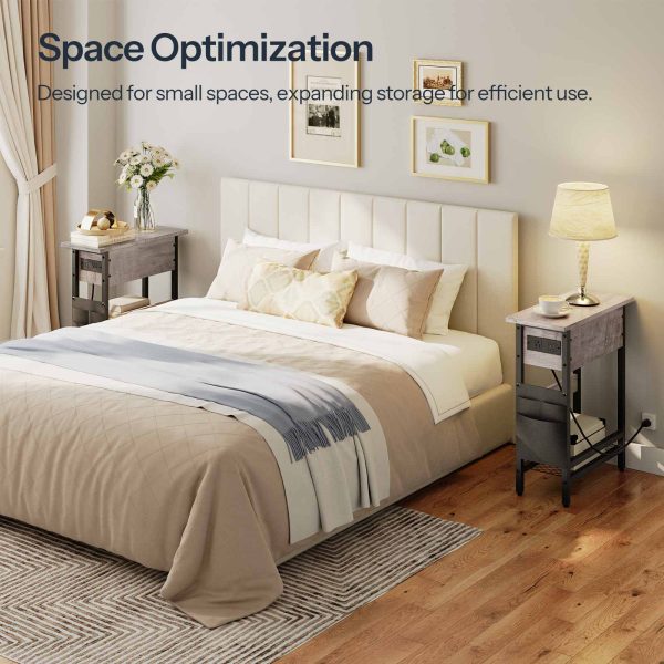 Narrow End Table with Charging Station, Flip-Top Slim Side Table, Multi-Functional Bedside Nightstand with Storage, Suitable for Small Spaces, Living Room and Bedroom, Grey and Black