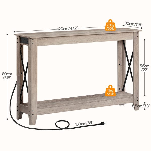 Серый узкий консольный столик с розетками и USB-портами, 2-Приставной столик для дивана в прихожей для прихожей и гостиной