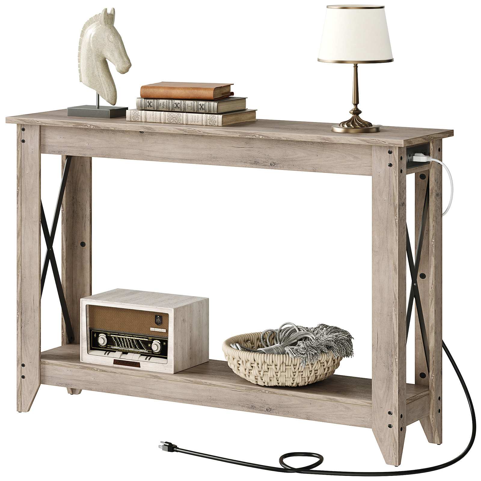 Grey Narrow Console Table with Power Outlets and USB Ports, 2-Tier Entryway Sofa Side Table for Hallway and Living Room