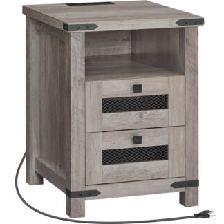 Farmhouse Nightstand with Charging Station, End Table with 2 Drawers and Open Storage, 18'' Farmhouse Side Table with Outlets and USB Ports, Bedside Table for Bedroom Grey
