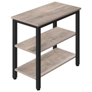 Grey lamp table, simple rustic side table with 3-layer storage shelf, narrow nightstand for small spaces, easy assembly, for living room, bedroom, metal, industrial design, greige and black
