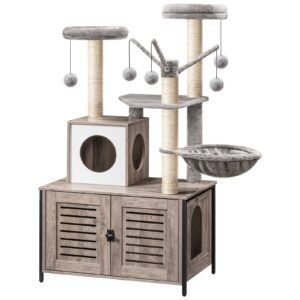 All-in-One Wooden Cat Tree with Litter Box Enclosure, Cat Tower with Scratching Posts, Hammock & Detachable Teaser Sticks for Indoor Cats, Grey