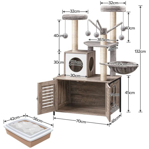 All-in-One Wooden Cat Tree with Litter Box Enclosure, Cat Tower with Scratching Posts, Hammock & Detachable Teaser Sticks for Indoor Cats, Grey