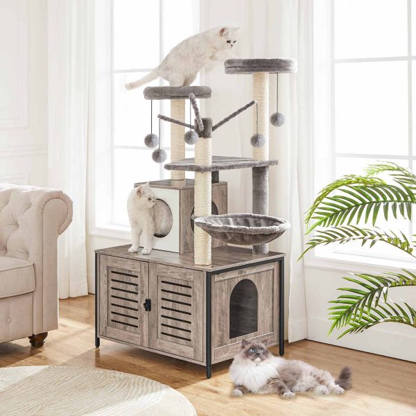All-in-One Wooden Cat Tree with Litter Box Enclosure, Cat Tower with Scratching Posts, Hammock & Detachable Teaser Sticks for Indoor Cats, Grey