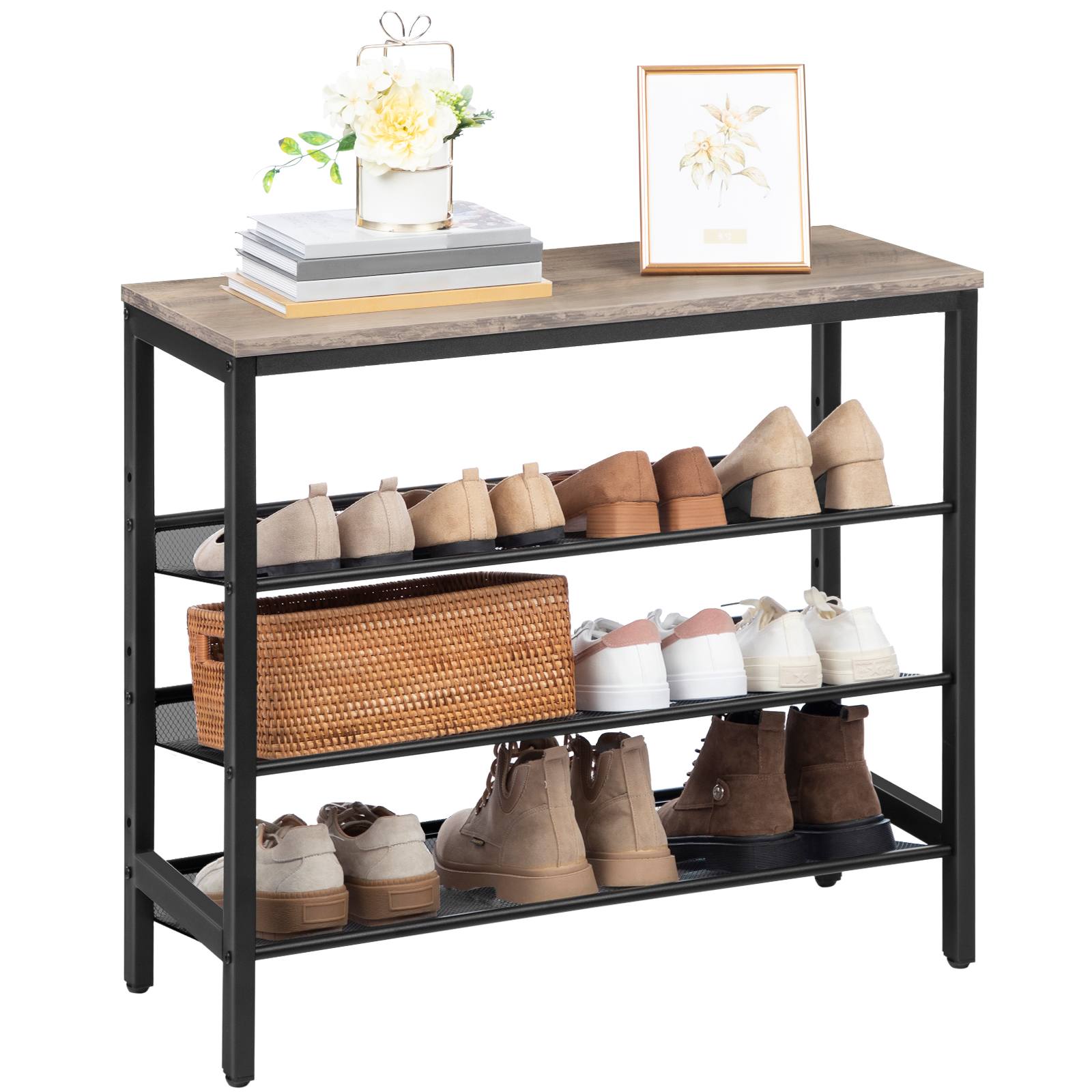 Industrial 4-Tier Grey Shoe Rack, Storage Organizer with 3 Mesh Shelves, Wood-Look Accent Furniture with Metal Frame, Suitable for Entryway, Living Room and Hallway