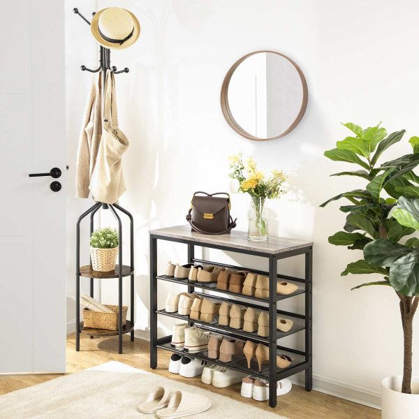 Étagère à chaussures industrielle grise à 4 niveaux, Organisateur de rangement avec 3 Étagères en maille, Meubles d'appoint d'apparence bois avec structure en métal, Convient pour l'entrée, Salon et couloir