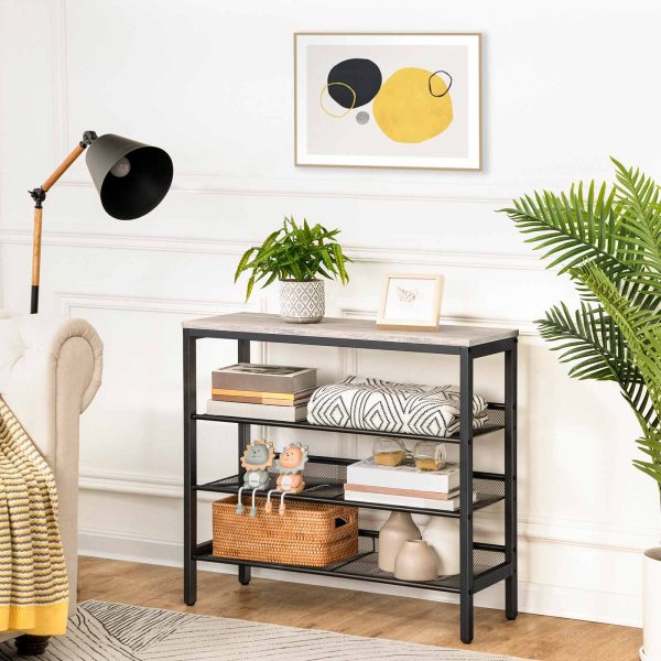 Étagère à chaussures industrielle grise à 4 niveaux, Organisateur de rangement avec 3 Étagères en maille, Meubles d'appoint d'apparence bois avec structure en métal, Convient pour l'entrée, Salon et couloir