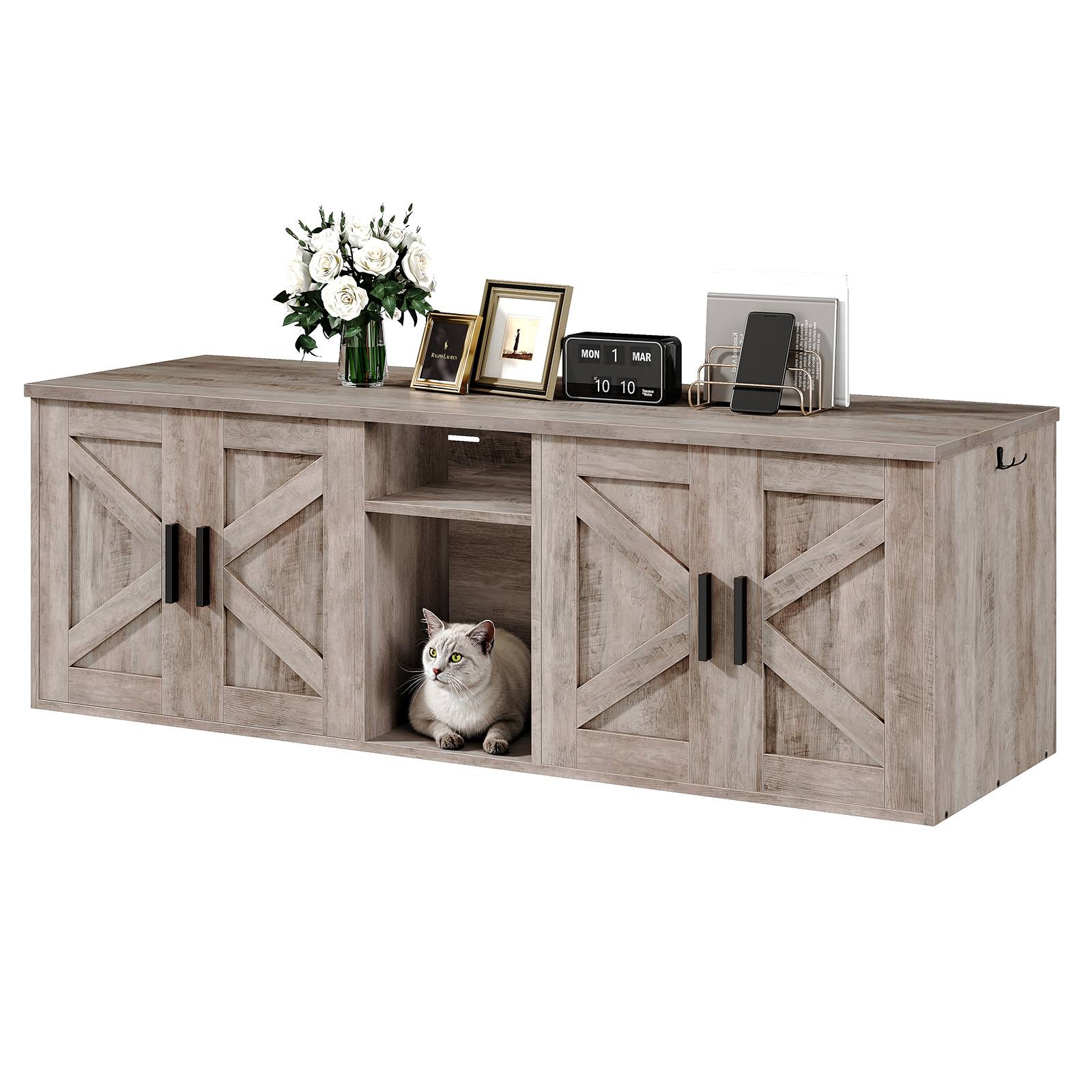 Grey Dual Cat Litter Box Enclosure, Hidden Design with Corridor, Wooden Storage Litter Cabinet with Hooks