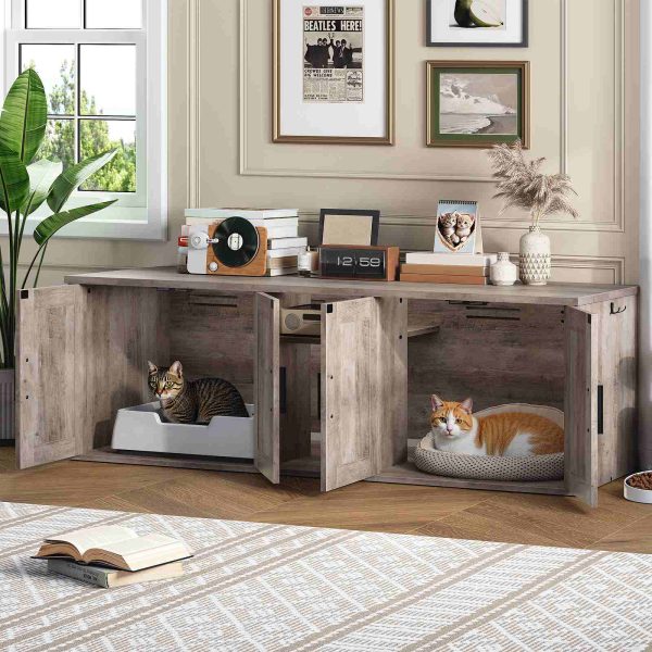 Grijze dubbele kattenbakbehuizing, Verborgen ontwerp met gang, Houten kattenbak met haken