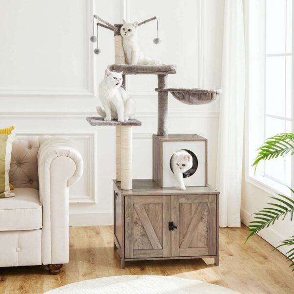 Túr Crann Cat Le Iomlíonadh Bosca Bruscair do Chait faoi Dhíon, condo cat adhmaid le poist scríobtha, troscán bosca bruscair cat i bhfolach, bréagán cat uile-i-gceann le teach cat, faoi ​​chian