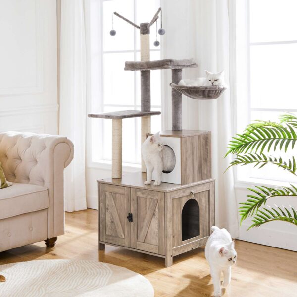 Túr Crann Cat Le Iomlíonadh Bosca Bruscair do Chait faoi Dhíon, condo cat adhmaid le poist scríobtha, troscán bosca bruscair cat i bhfolach, bréagán cat uile-i-gceann le teach cat, faoi ​​chian