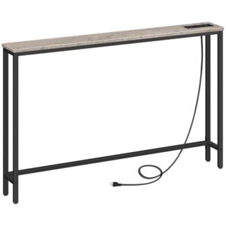47.2" narrow console table with power outlets, skinny behind couch table with charging station, long and thin table for entryway, living room, foyer, greige