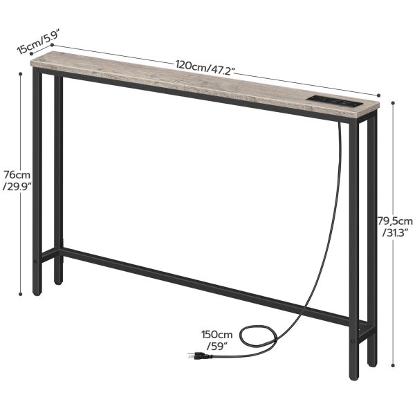 47.2-Inch Narrow Console Table with Integrated Power Outlets, Slim Behind-Couch Table Equipped with Charging Station, Long Thin Entryway Table for Foyer, Wohnzimmer & Flur, Grey Finish