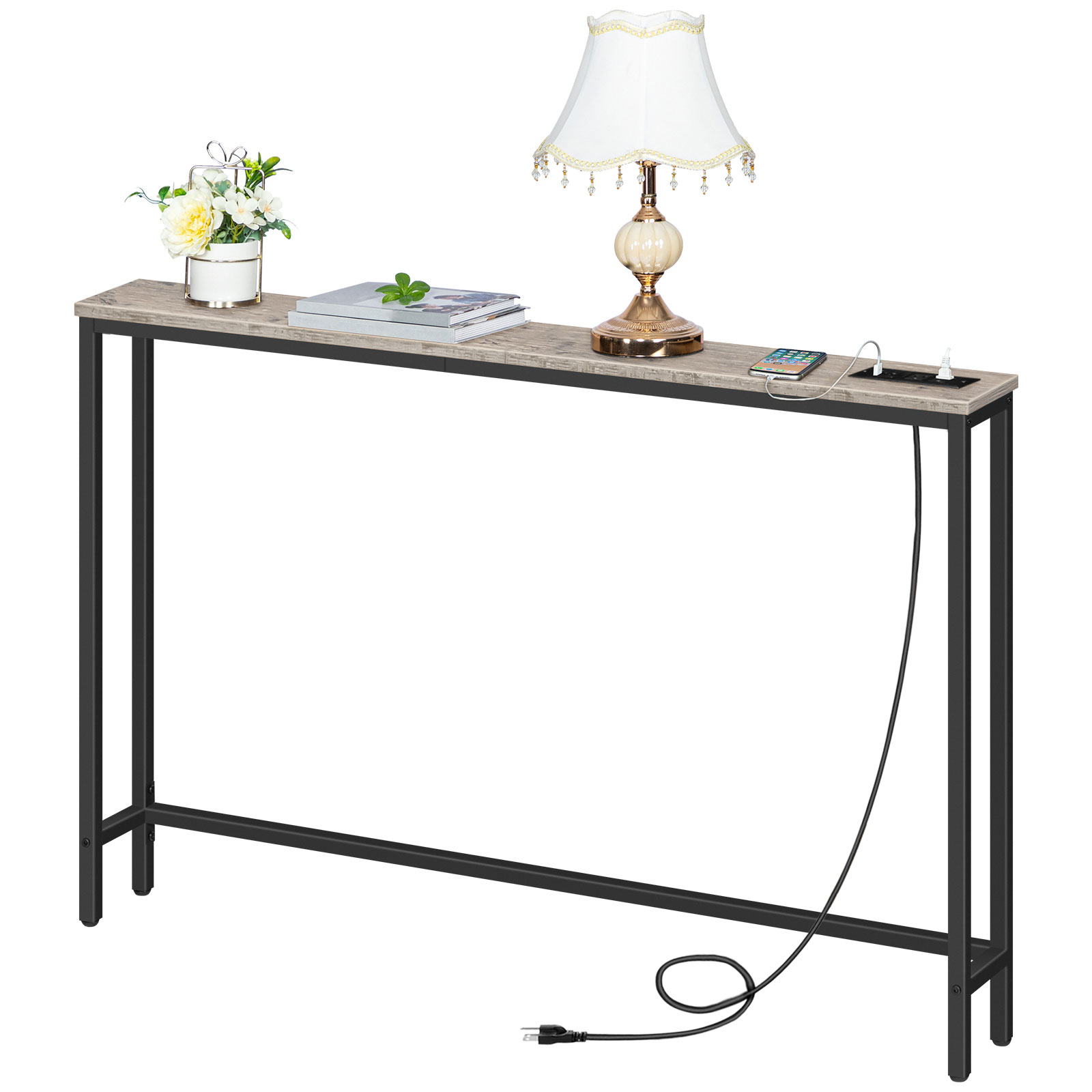47.2-Inch Narrow Console Table with Integrated Power Outlets, Slim Behind-Couch Table Equipped with Charging Station, Long Thin Entryway Table for Foyer, Wohnzimmer & Flur, Grey Finish