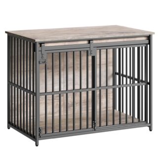 أثاث قفص الكلب الرمادي والأسود, 36.6" بيت الكلب الثقيل مع باب الحظيرة المنزلق, قفص الكلب الخشبي الداخلي, طاولة نهاية جانبية زخرفية للكلاب الصغيرة/المتوسطة