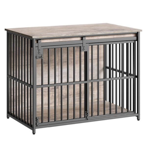 Mobili per casse per cani grigio e nero, 36.6" Canile per cani da servizio pesante con porta fienile scorrevole, Gabbia per cani in legno interno, Tavolo da estremità laterale decorativo per cani piccoli/medi