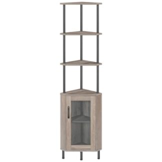 corner shelf stand, 64.8" tall industrial corner cabinet with doors, 5-tier corner bookcase, corner display cabinet plant stand, display shelves rack for living room, grey