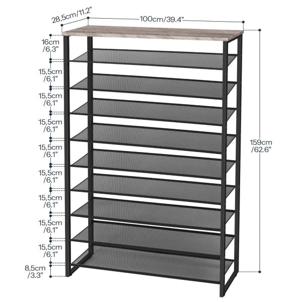 10-Tier Metal Mesh Shoe Rack, Grey and Black 100cm Wide High-Capacity Storage Organizer, 45-50 Pair Shoe Shelf for Entryway, Closet and Hallway