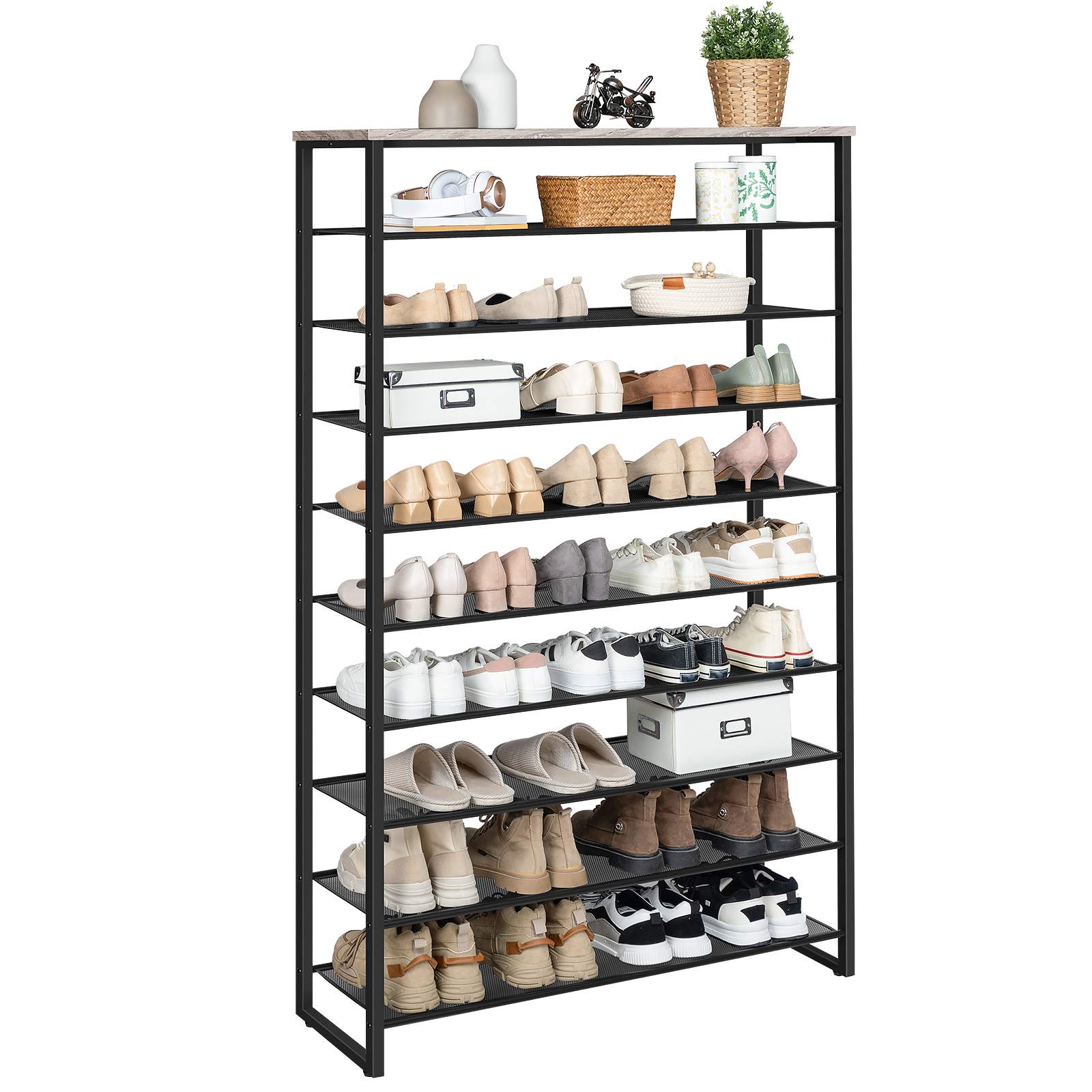 10-Tier Metal Mesh Shoe Rack, Grey and Black 100cm Wide High-Capacity Storage Organizer, 45-50 Pair Shoe Shelf for Entryway, Closet and Hallway