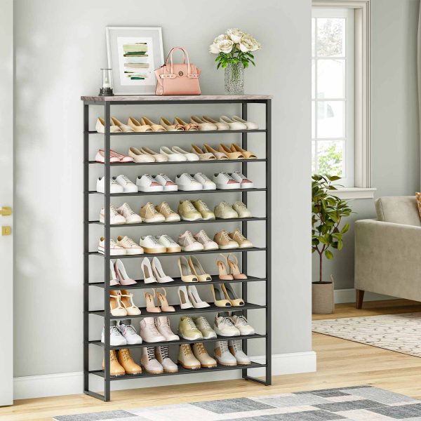 10-Tier Metal Mesh Shoe Rack, Grey and Black 100cm Wide High-Capacity Storage Organizer, 45-50 Pair Shoe Shelf for Entryway, Closet and Hallway