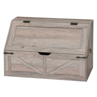 Coffre de rangement avec feuille de feuille, Armoire de rangement pour jouets en bois avec charnière de sécurité, Coffre de rangement de style ferme, Conception inclinée, pour chambre d'enfant, Salle de jeux, Chambre à coucher, Salon, Grège