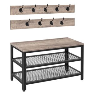 coat rack shoe bench, hall tree entryway storage bench, shoe rack organizer with coat hooks, 3-in-1 design, wood furniture with metal frame, greige and black
