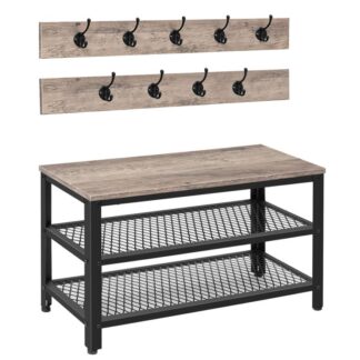 perchero banco de zapatos, Banco de almacenamiento de entrada de Hall Tree, Organizador de estante de zapato con ganchos de abrigo, 3-diseño en 1, Muebles de madera con marco de metal, Greige y negro
