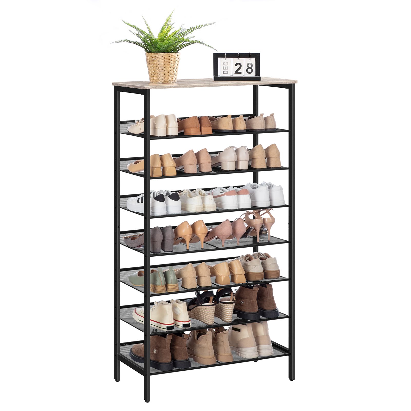8-Étagère à chaussures à plusieurs niveaux, Étagère de rangement en maille stable avec fonction réglable, Accueille 21-28 Paires, Conception peu encombrante pour l'entrée, Salon et chambre