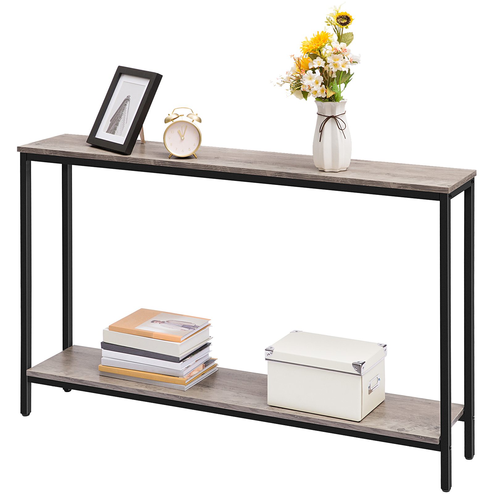 Industrial Narrow Console Table with Double Shelves, 120cm Entryway Sofa Table, Wood-Look Accent Storage Table for Living Room, Hallway, Foyer & Office