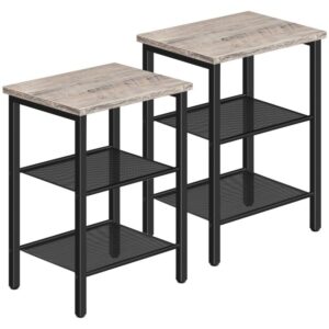 end table, nightstands set of 2, 3-tier side table with mesh shelves, industrial end table for small space in living room, bedroom and balcony, stable metal frame, greige and black