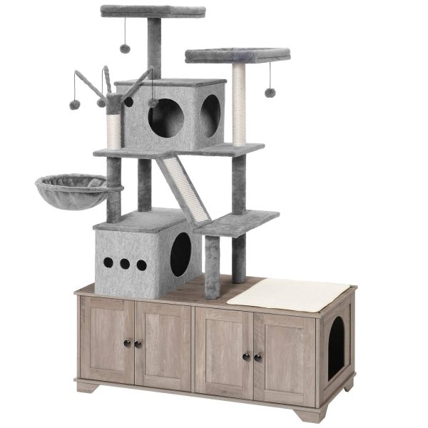 Dual-Chamber Cat Litter Box Uschloss mat integréiertem Cat Tree, All-in-One Modern Cat Tower Mat Reschtbett, Verstoppt Litter Cabinet, Hängmatt a Sisal Schrummen Posts, Grey Finish