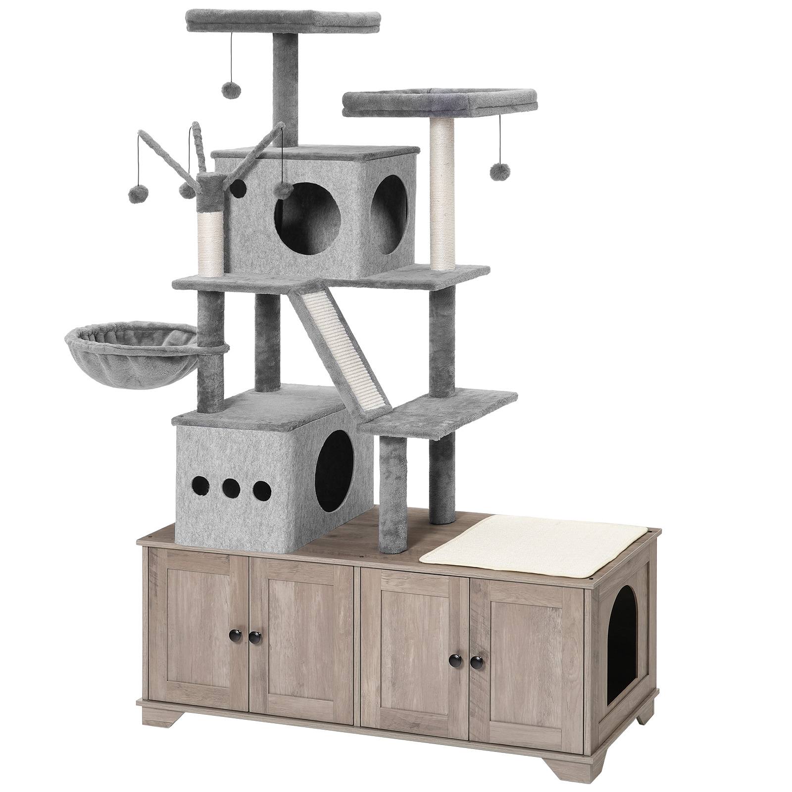 Dual-Chamber Cat Litter Box Enclosure with Integrated Cat Tree, All-in-One Modern Cat Tower Featuring Resting Bed, Hidden Litter Cabinet, Hammock and Sisal Scratching Posts, Grey Finish