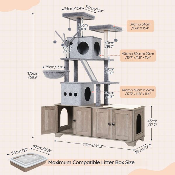 Dual-Chamber Cat Litter Box Uschloss mat integréiertem Cat Tree, All-in-One Modern Cat Tower Mat Reschtbett, Verstoppt Litter Cabinet, Hängmatt a Sisal Schrummen Posts, Grey Finish