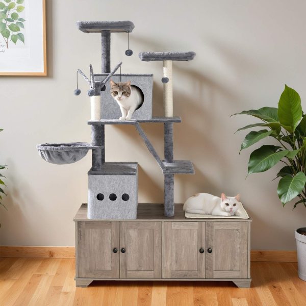 Dual-Chamber Cat Litter Box Uschloss mat integréiertem Cat Tree, All-in-One Modern Cat Tower Mat Reschtbett, Verstoppt Litter Cabinet, Hängmatt a Sisal Schrummen Posts, Grey Finish