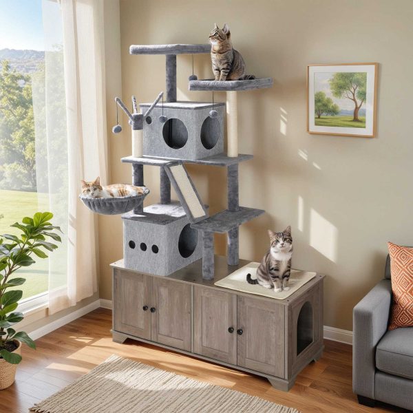Dual-Chamber Cat Litter Box Uschloss mat integréiertem Cat Tree, All-in-One Modern Cat Tower Mat Reschtbett, Verstoppt Litter Cabinet, Hängmatt a Sisal Schrummen Posts, Grey Finish