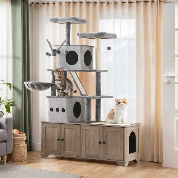 Dual-Chamber Cat Litter Box Uschloss mat integréiertem Cat Tree, All-in-One Modern Cat Tower Mat Reschtbett, Verstoppt Litter Cabinet, Hängmatt a Sisal Schrummen Posts, Grey Finish