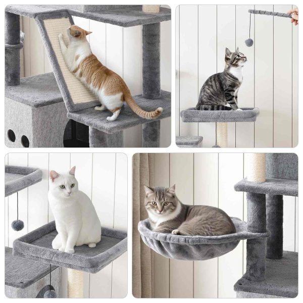Dual-Chamber Cat Litter Box Uschloss mat integréiertem Cat Tree, All-in-One Modern Cat Tower Mat Reschtbett, Verstoppt Litter Cabinet, Hängmatt a Sisal Schrummen Posts, Grey Finish