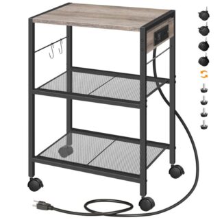 soporte para impresoras industriales, 3-mesa de impresoras móviles de nivel, carrito rodante con tomas de corriente y puertos USB, Inicio Impresora Stand con 2 manos, para la oficina, sala de estar, Greige y negro