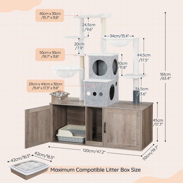 Grijze multifunctionele krabpaal met dubbele kattenbakbehuizing, Hoog kattentorenmeubel met voerbakken, Krabpalen en hangmatten