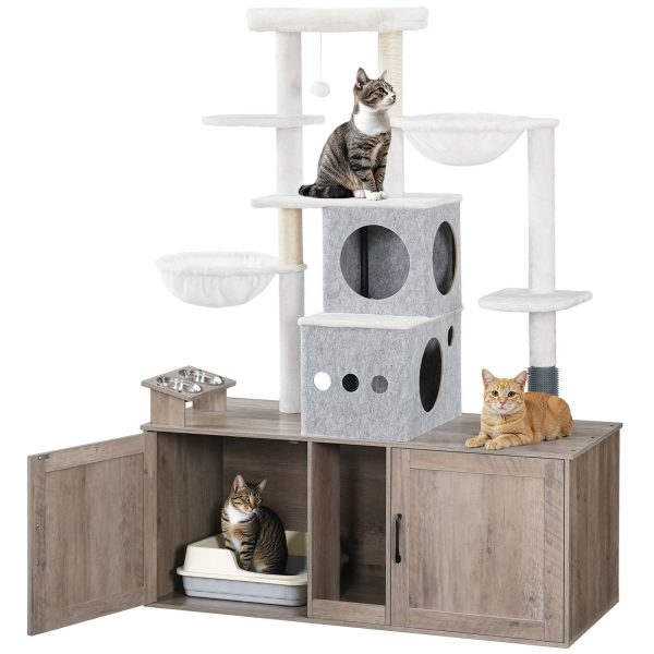 Grijze multifunctionele krabpaal met dubbele kattenbakbehuizing, Hoog kattentorenmeubel met voerbakken, Krabpalen en hangmatten