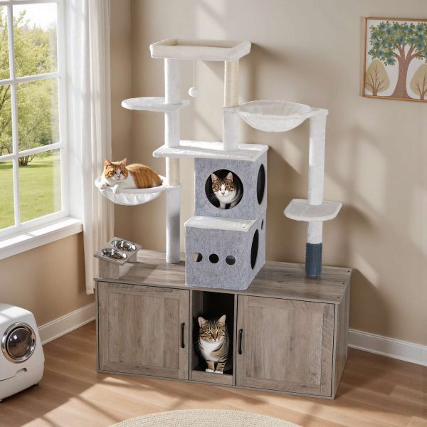 Grijze multifunctionele krabpaal met dubbele kattenbakbehuizing, Hoog kattentorenmeubel met voerbakken, Krabpalen en hangmatten