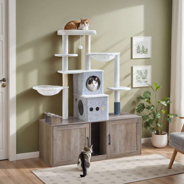 Grijze multifunctionele krabpaal met dubbele kattenbakbehuizing, Hoog kattentorenmeubel met voerbakken, Krabpalen en hangmatten