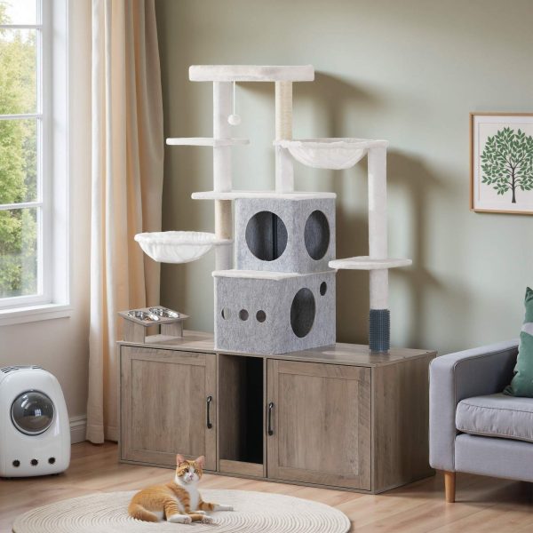 Grijze multifunctionele krabpaal met dubbele kattenbakbehuizing, Hoog kattentorenmeubel met voerbakken, Krabpalen en hangmatten